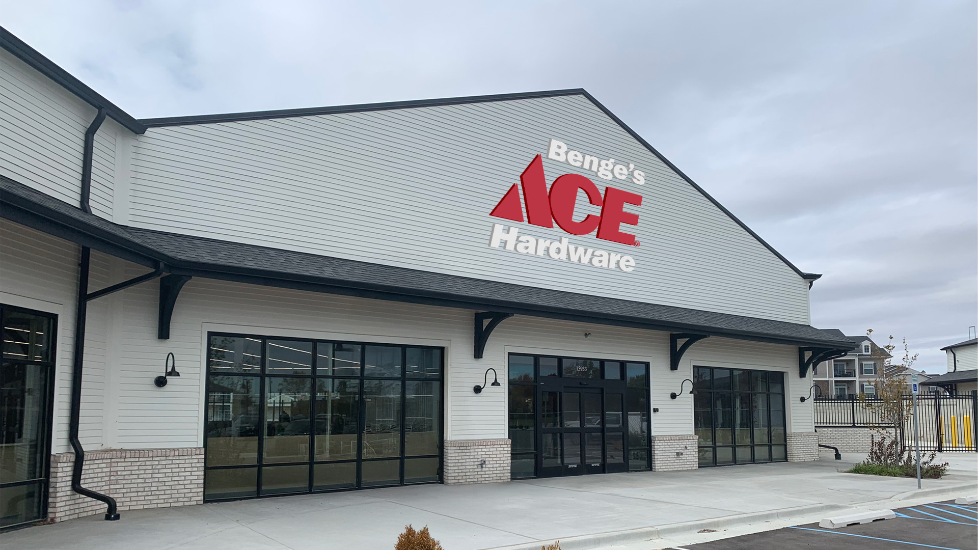 front of business and parking lot of the Benge's Hardware – Spring Mill Station store on the western side of Westfield, Indiana