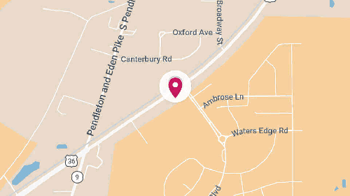 Map indicating where Benge's Hardware - Pendleton will be located in central Indiana