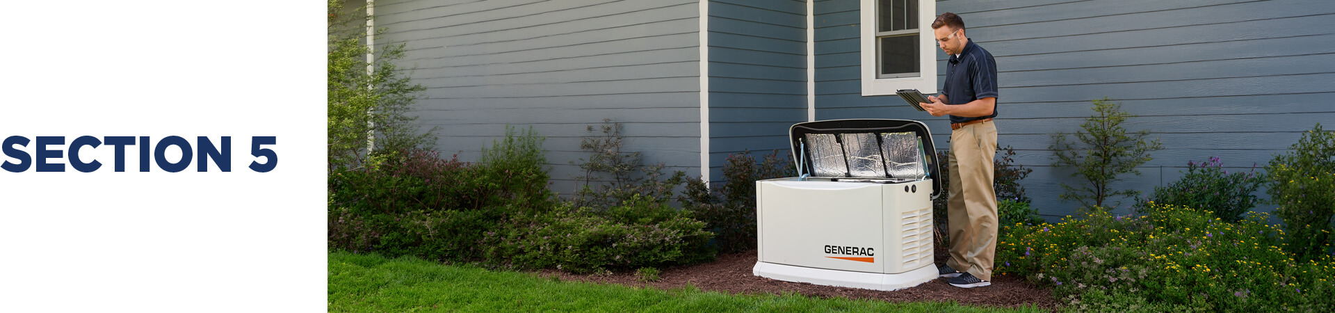 section 5 header showing master electrician installing a whole-house generator